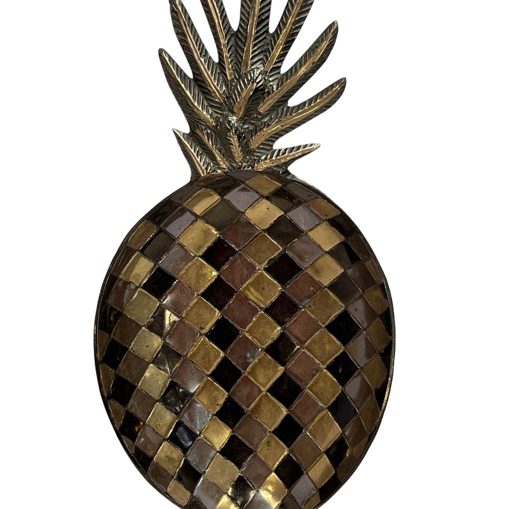 Pineapple Tray Solid Tri Colored Brass Bowl Dish Diamond Checkered Vtg MCM India
